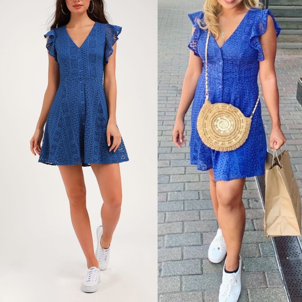 Lulus Athena Royal Blue Lace Skater Dress Size Large